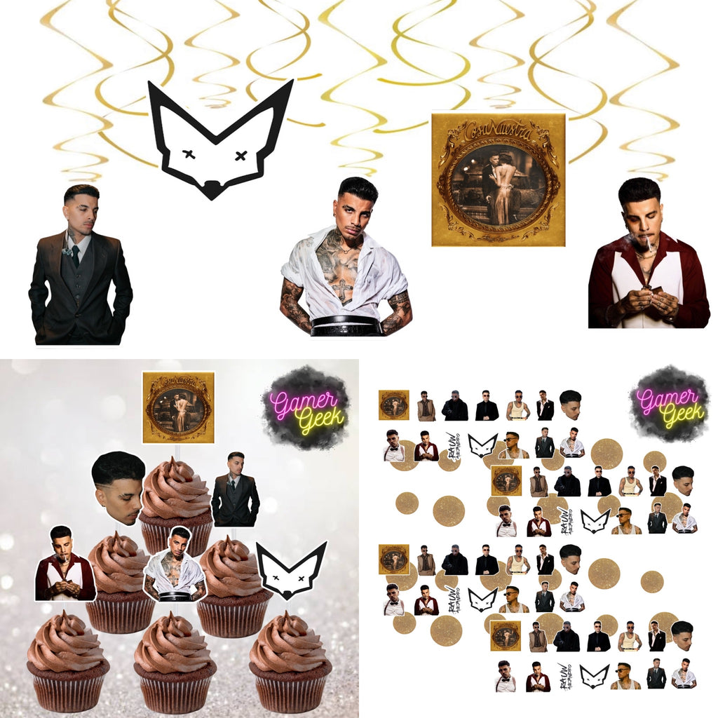 Rauw Cosa Nuestra Inspired Party Package | Hanging Spirals, Cupcake Picks, Confetti, Straws