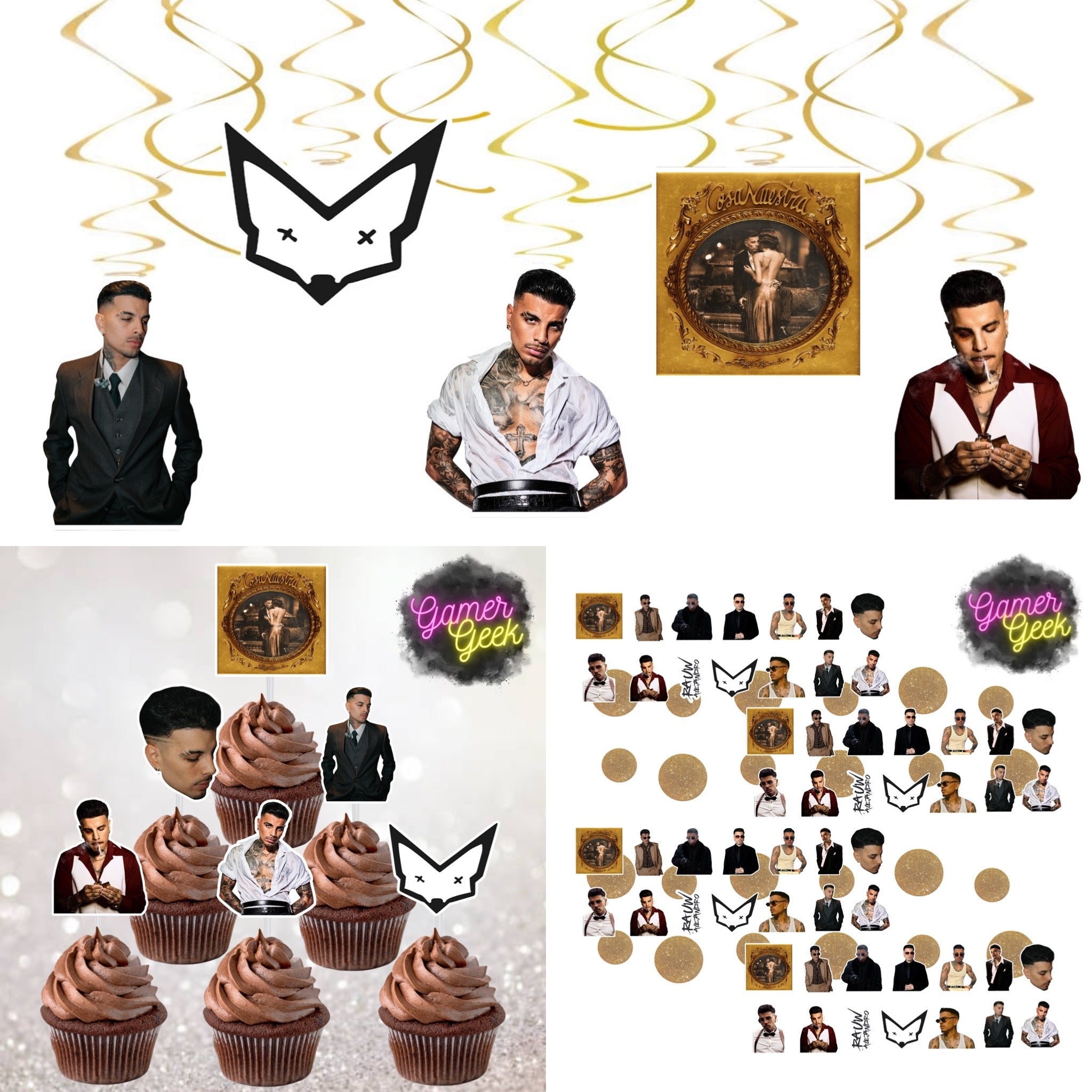 Rauw Cosa Nuestra Inspired Party Package | Hanging Spirals, Cupcake Picks, Confetti, Straws