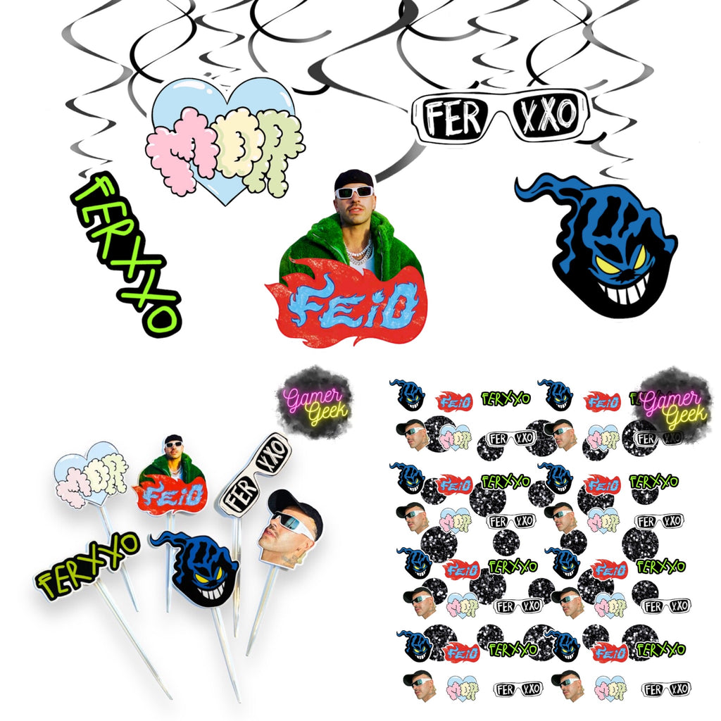 Feid Ferxxo Inspired Party Package | Hanging Spirals, Cupcake Picks, Confetti, Straws