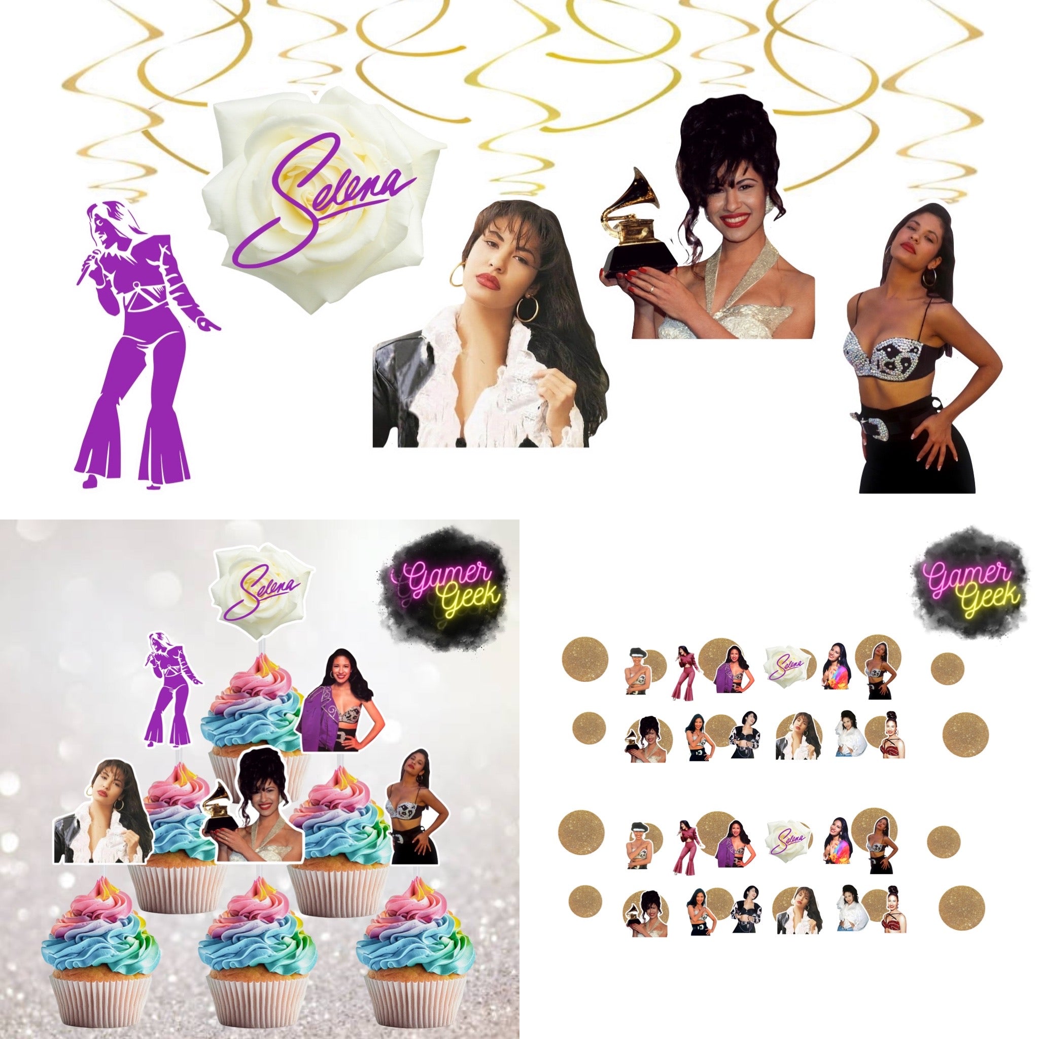 Selena Inspired Party Package | Hanging Spirals, Cupcake Picks, Confetti, Straws
