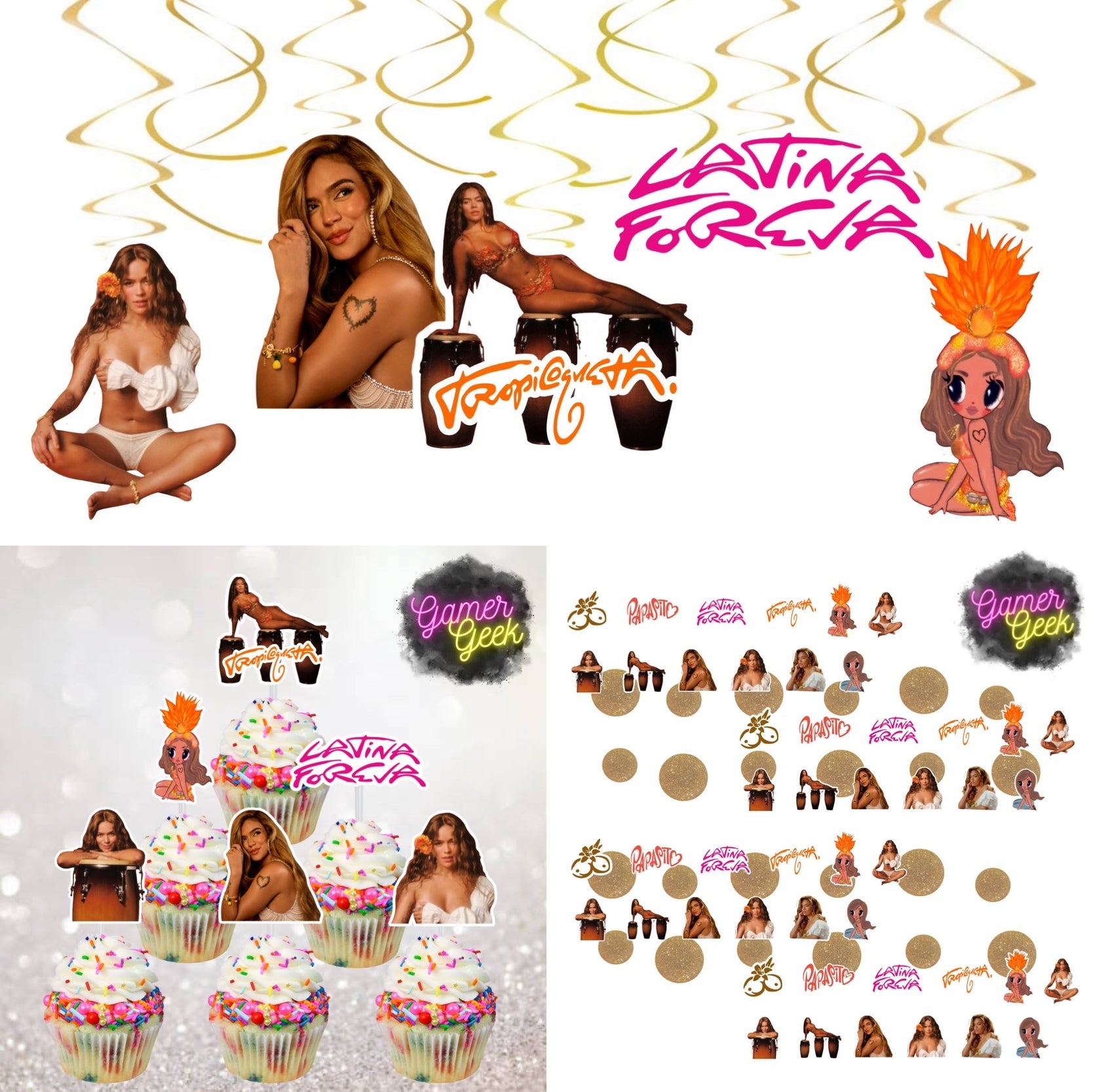 Karol Tropicoqueta Inspired Party Package | Hanging Spirals, Cupcake Picks, Confetti, Straws